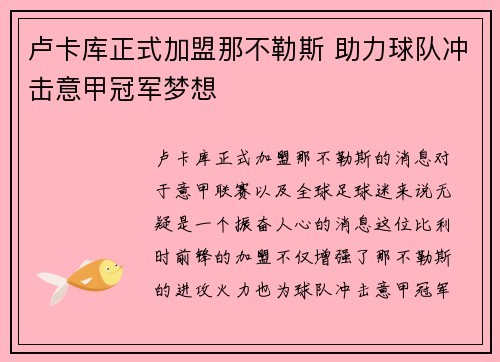 卢卡库正式加盟那不勒斯 助力球队冲击意甲冠军梦想