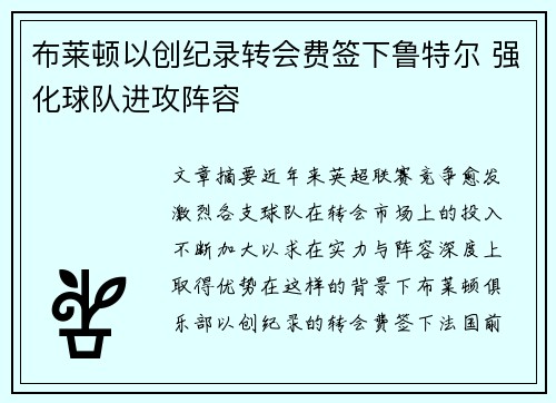 布莱顿以创纪录转会费签下鲁特尔 强化球队进攻阵容